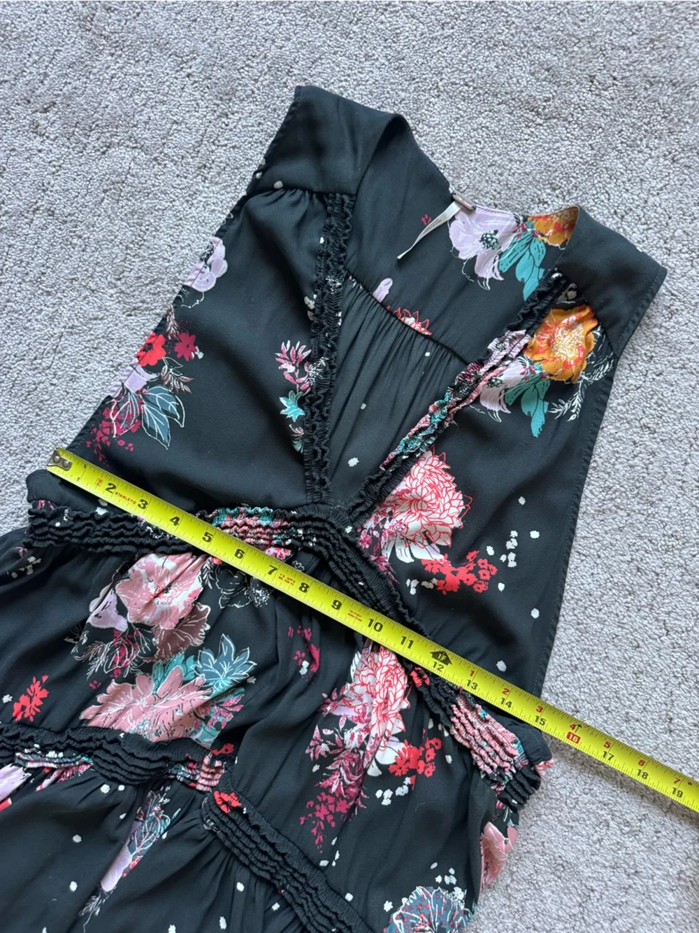 Free People Floral Tunic Dress Small Black Boho Tiered Mini Babydoll Sleeveless